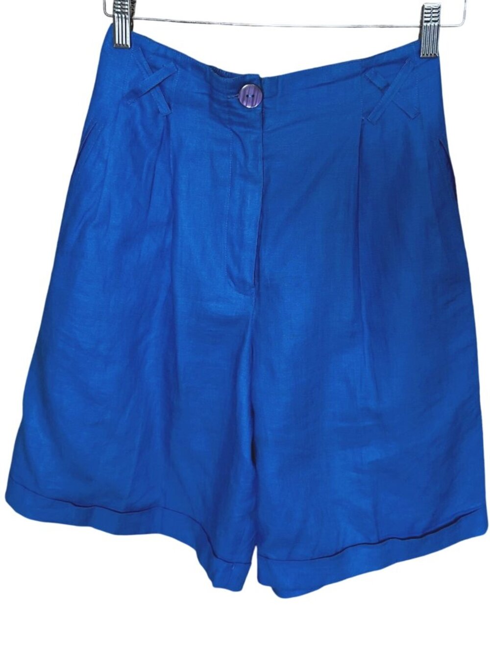 Vintage 100% Linen Wide Leg Bermuda Short High Waisted 80s Toto n Ko Blue